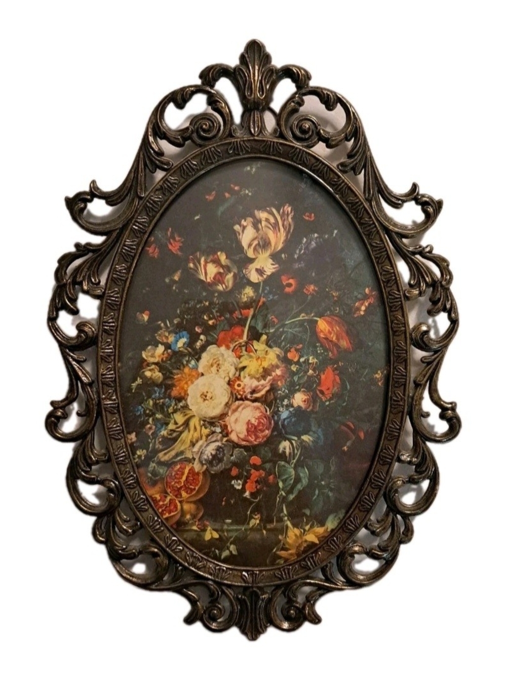 Vintage Made in Italy Brass Ornate Floral Picture Frame Oval Wall Art Hanging